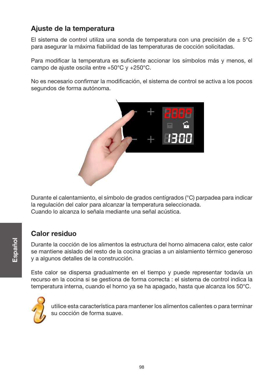 Ajuste de la temperatura, Calor residuo | Baumatic BO920TS User Manual | Page 101 / 162