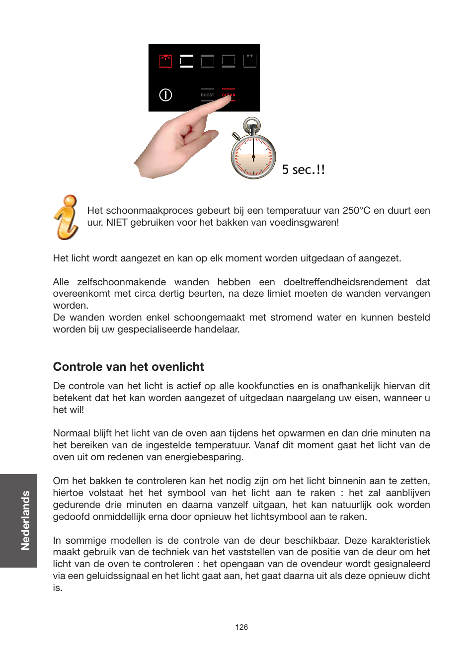 5 sec, Controle van het ovenlicht | Baumatic BO920TS User Manual | Page 129 / 162