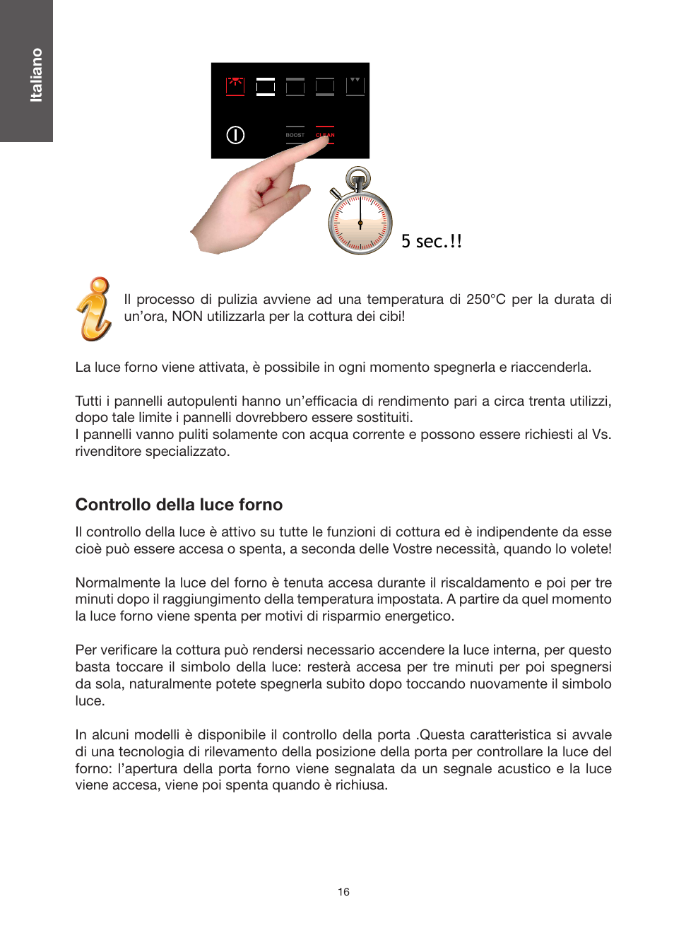 5 sec, Controllo della luce forno | Baumatic BO920TS User Manual | Page 19 / 162