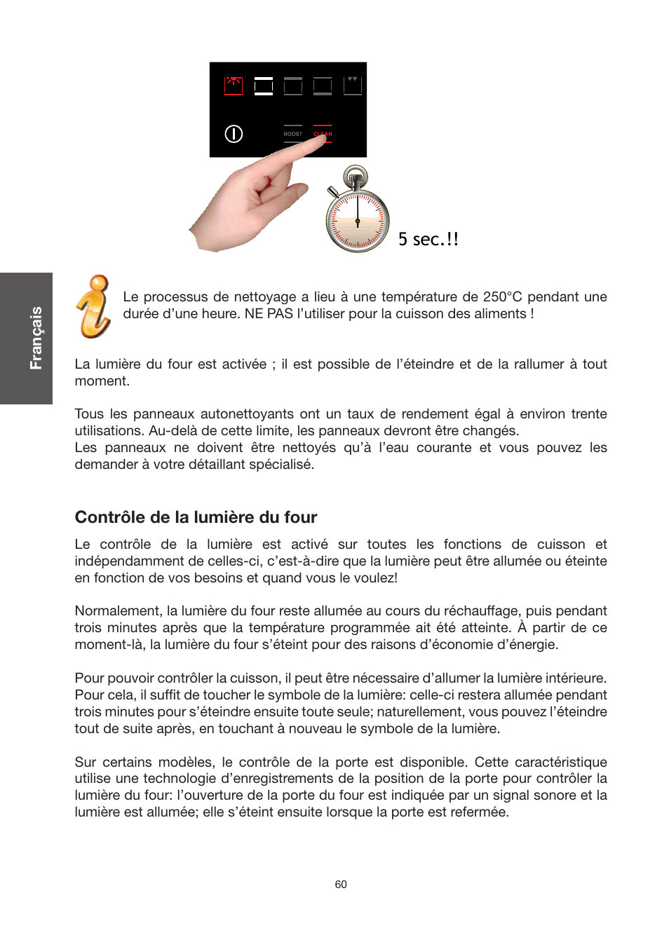 5 sec, Contrôle de la lumière du four | Baumatic BO920TS User Manual | Page 63 / 162