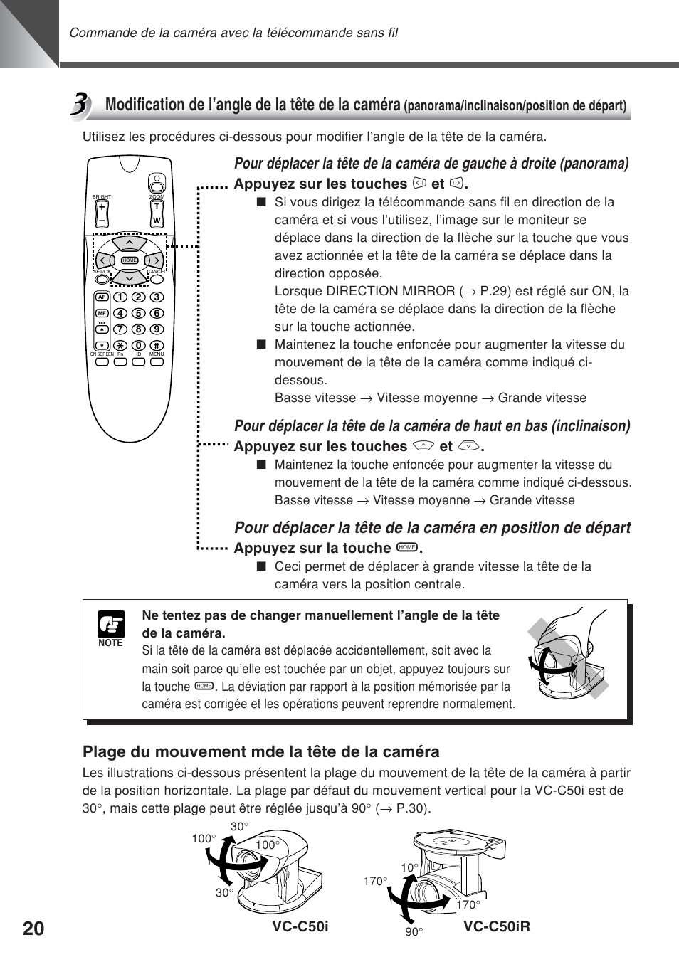 Modification de l’angle de la tête de la caméra, Plage du mouvement mde la tête de la caméra, Vc-c50i vc-c50ir | Panorama/inclinaison/position de départ), Appuyez sur les touches 4 et 6, Appuyez sur les touches 8 et 5, Appuyez sur la touche h | Canon VC-C50iR User Manual | Page 100 / 246