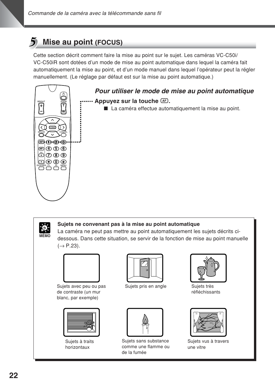 Mise au point, Pour utiliser le mode de mise au point automatique, Focus) | Appuyez sur la touche a | Canon VC-C50iR User Manual | Page 102 / 246