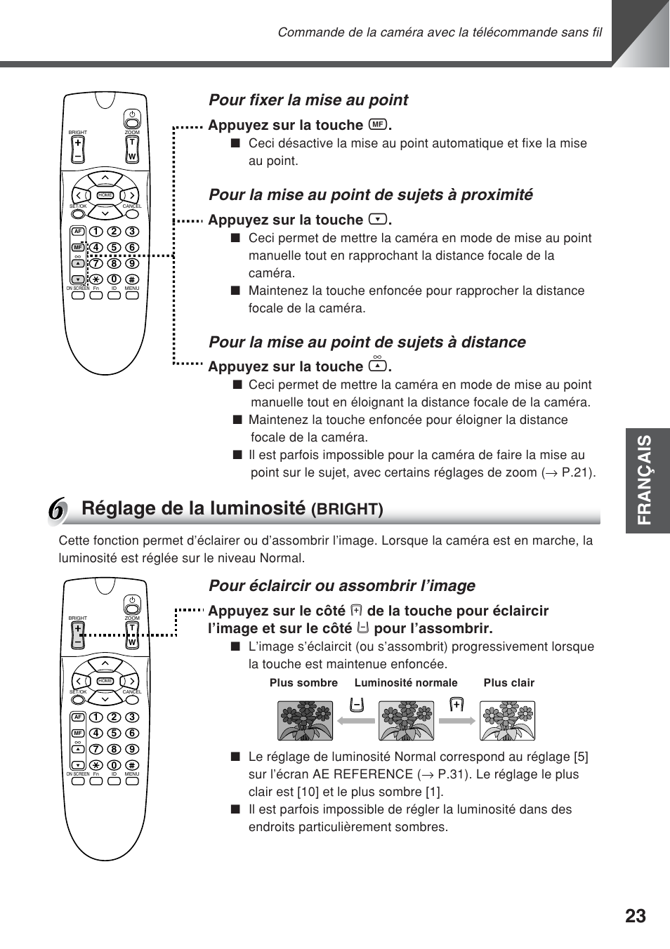 Réglage de la luminosité, Français, Pour fixer la mise au point | Pour la mise au point de sujets à proximité, Pour la mise au point de sujets à distance, Pour éclaircir ou assombrir l’image, Bright), Appuyez sur la touche n, Appuyez sur la touche r, Appuyez sur la touche e | Canon VC-C50iR User Manual | Page 103 / 246