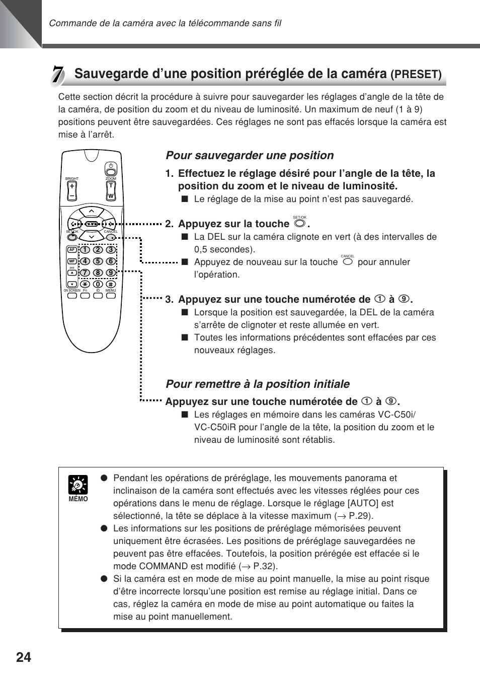 Sauvegarde d’une position préréglée de la caméra, Pour sauvegarder une position, Pour remettre à la position initiale | Preset), Appuyez sur la touche s, Appuyez sur une touche numérotée de 1 à 9 | Canon VC-C50iR User Manual | Page 104 / 246