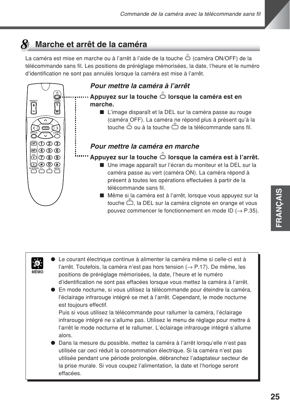 Marche et arrêt de la caméra, Français, Pour mettre la caméra à l’arrêt | Pour mettre la caméra en marche | Canon VC-C50iR User Manual | Page 105 / 246