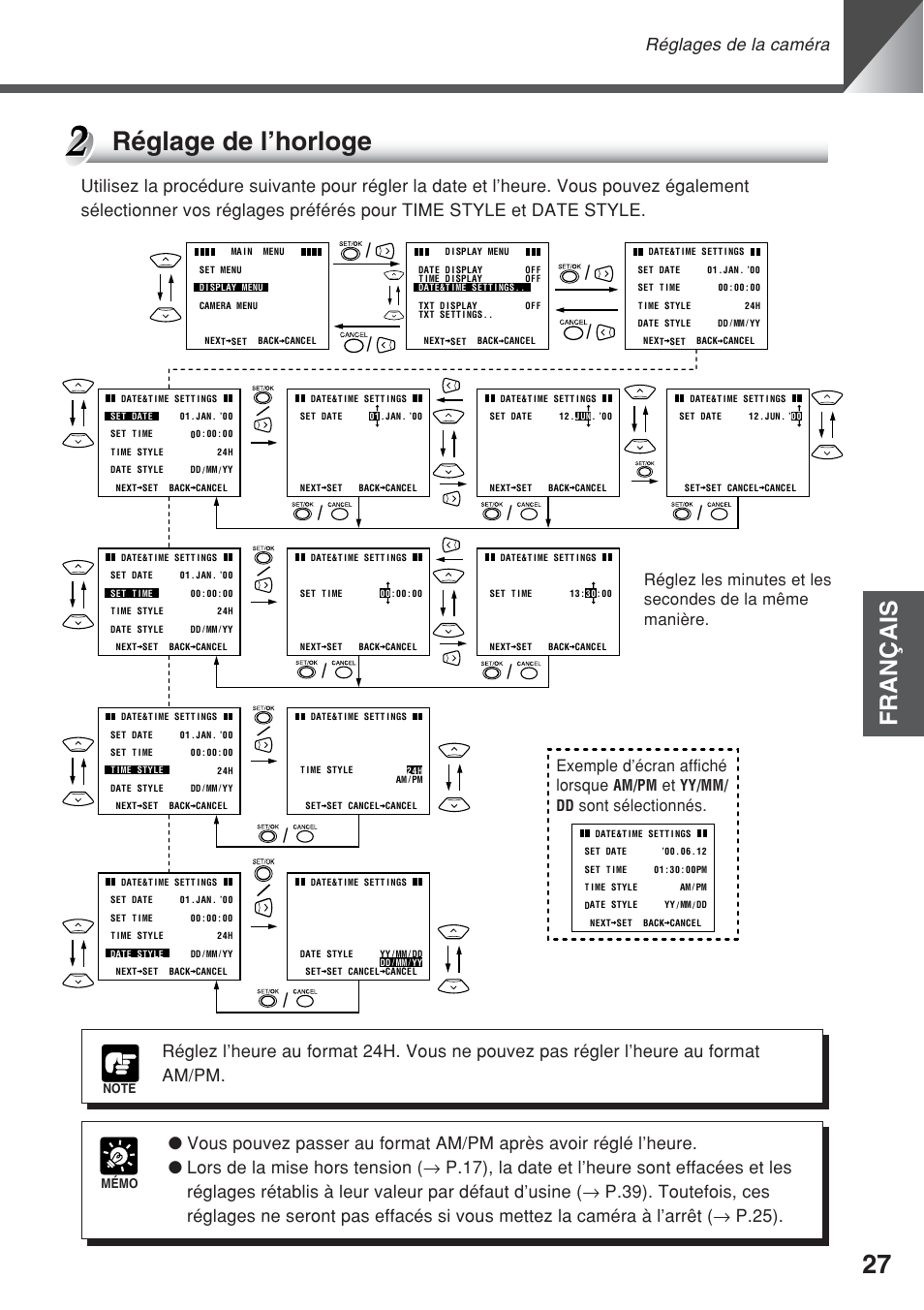 Réglage de l’horloge, Français, Réglages de la caméra | Sont sélectionnés, Am/pm, Yy/mm/ dd | Canon VC-C50iR User Manual | Page 107 / 246