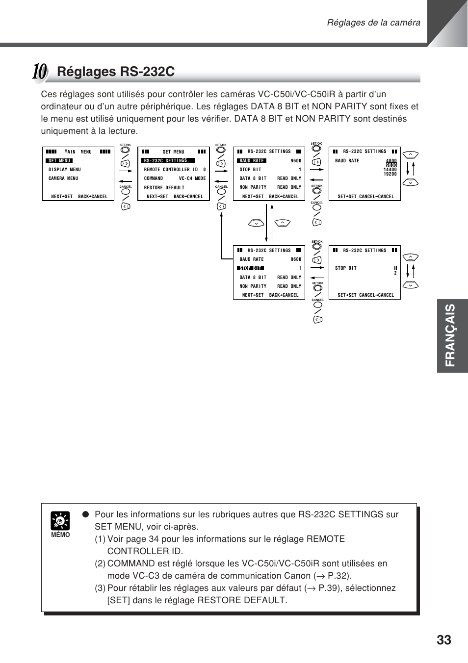 Réglages rs-232c, Français, Réglages de la caméra | Canon VC-C50iR User Manual | Page 113 / 246