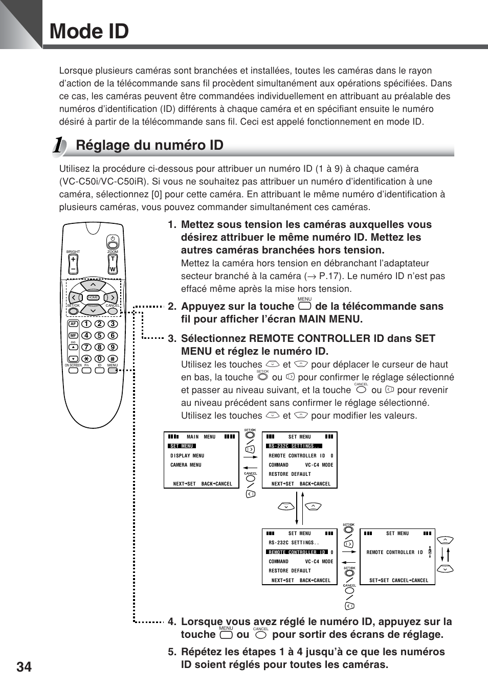 Mode id, Réglage du numéro id | Canon VC-C50iR User Manual | Page 114 / 246