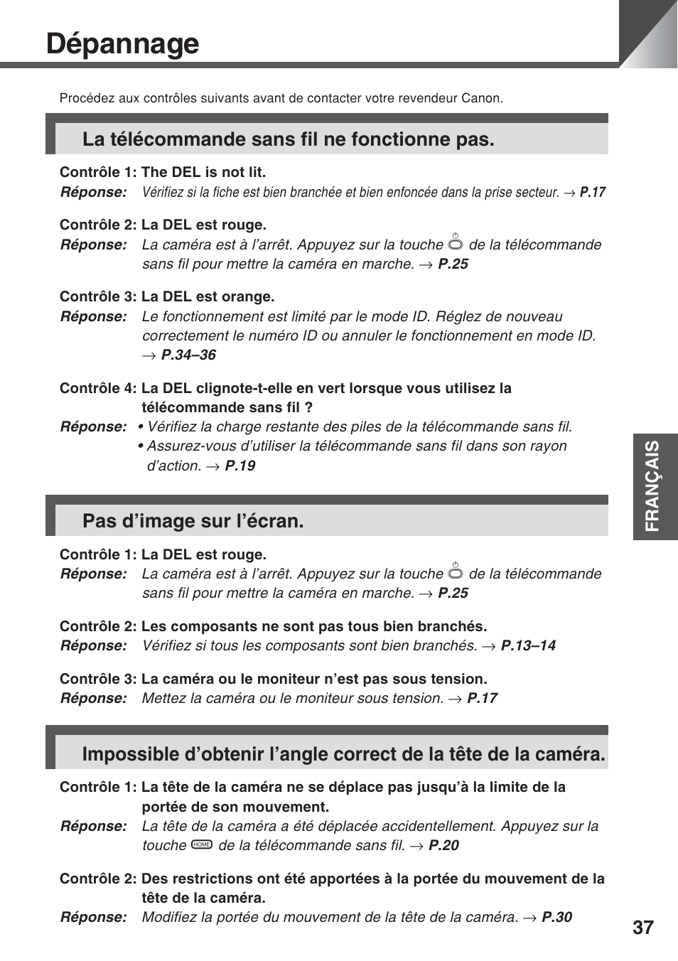 Dépannage, La télécommande sans fil ne fonctionne pas, Pas d’image sur l’écran | Canon VC-C50iR User Manual | Page 117 / 246