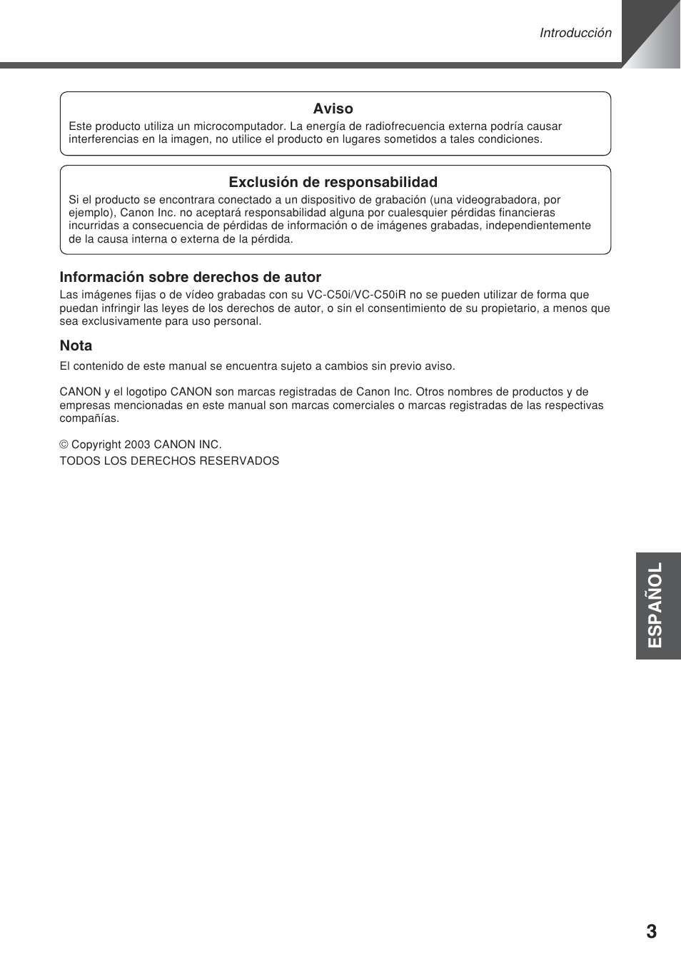 Español | Canon VC-C50iR User Manual | Page 125 / 246