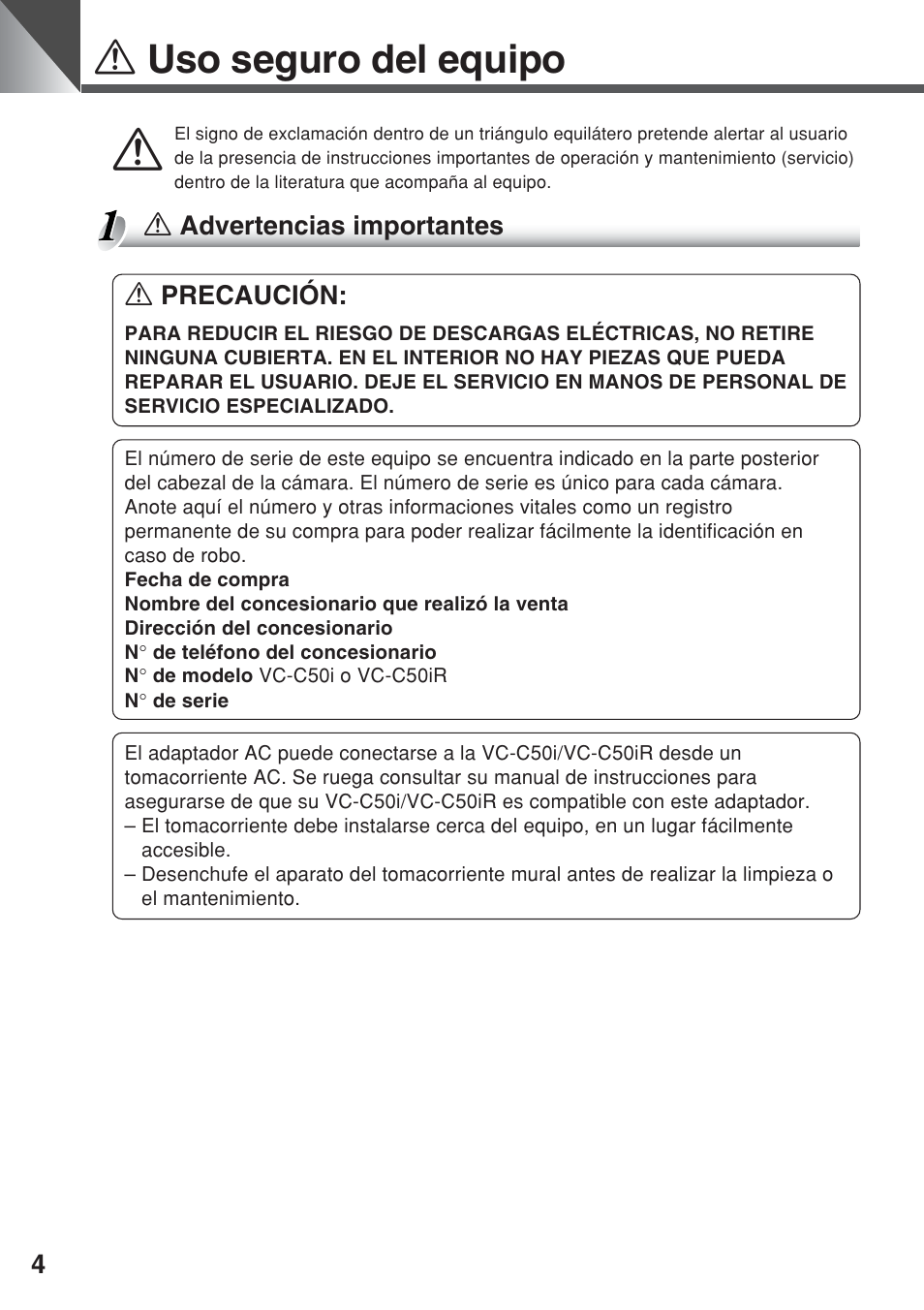 A uso seguro del equipo | Canon VC-C50iR User Manual | Page 126 / 246