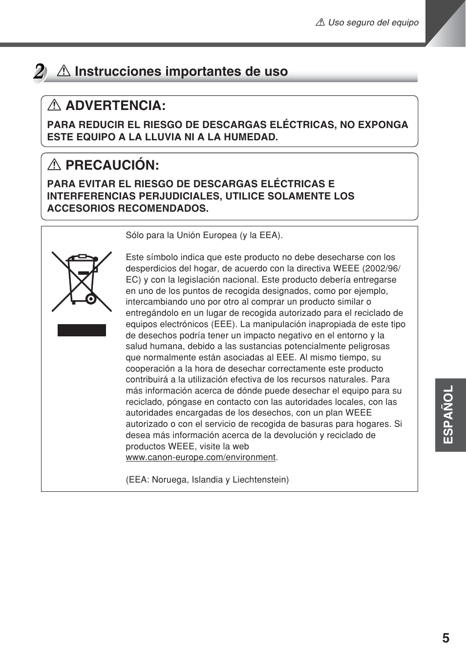 A precaución, A instrucciones importantes de uso a advertencia | Canon VC-C50iR User Manual | Page 127 / 246