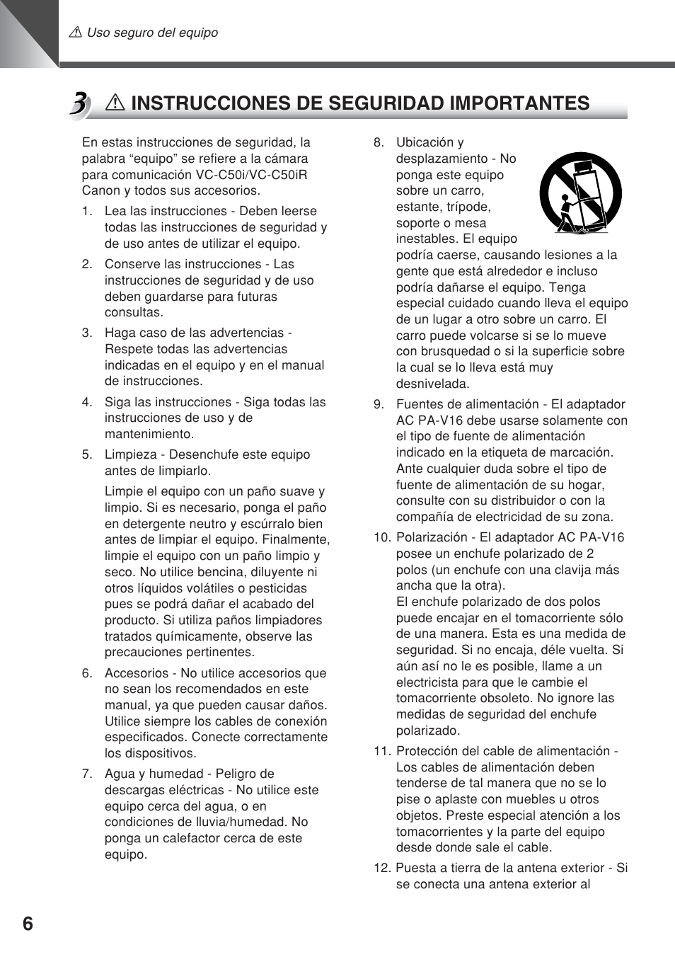 A instrucciones de seguridad importantes | Canon VC-C50iR User Manual | Page 128 / 246