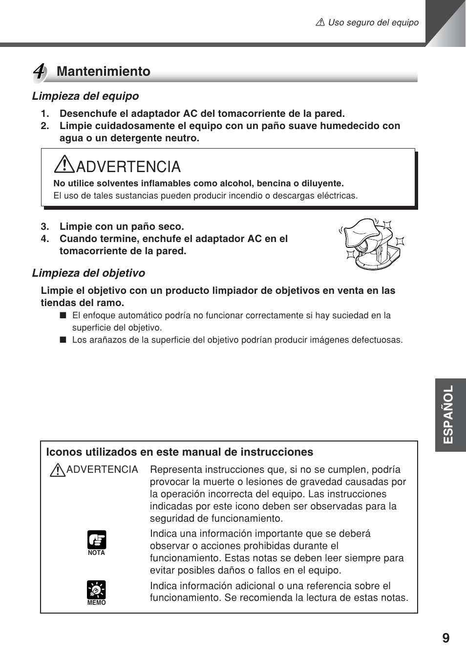 Advertencia, Mantenimiento | Canon VC-C50iR User Manual | Page 131 / 246