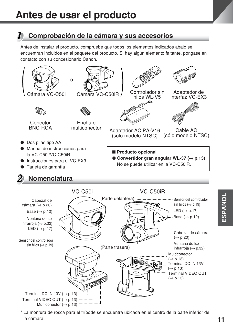 Antes de usar el producto, Comprobación de la cámara y sus accesorios, Nomenclatura | Español, Vc-c50i vc-c50ir | Canon VC-C50iR User Manual | Page 133 / 246