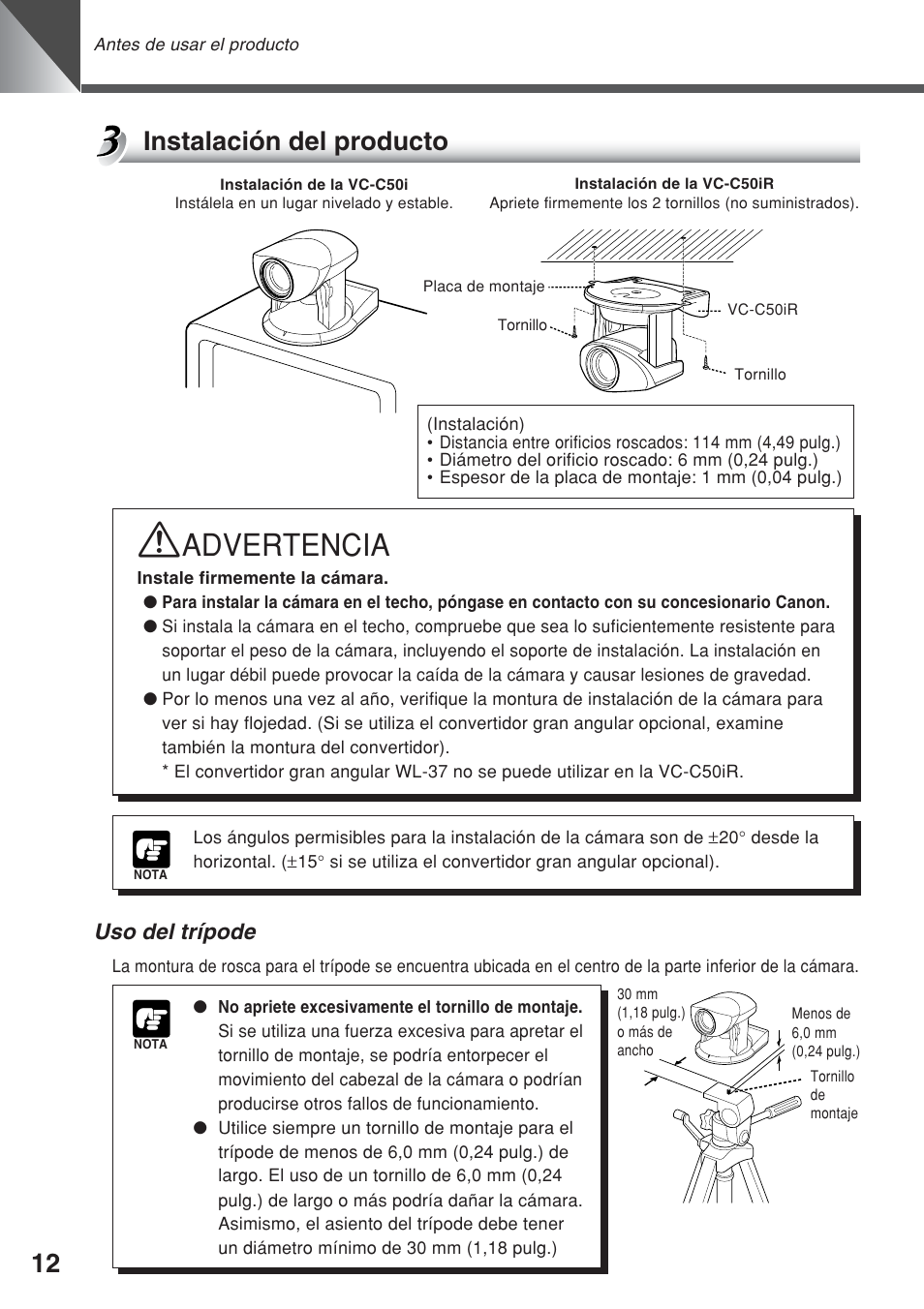 Advertencia, 12 instalación del producto, Uso del trípode | Canon VC-C50iR User Manual | Page 134 / 246