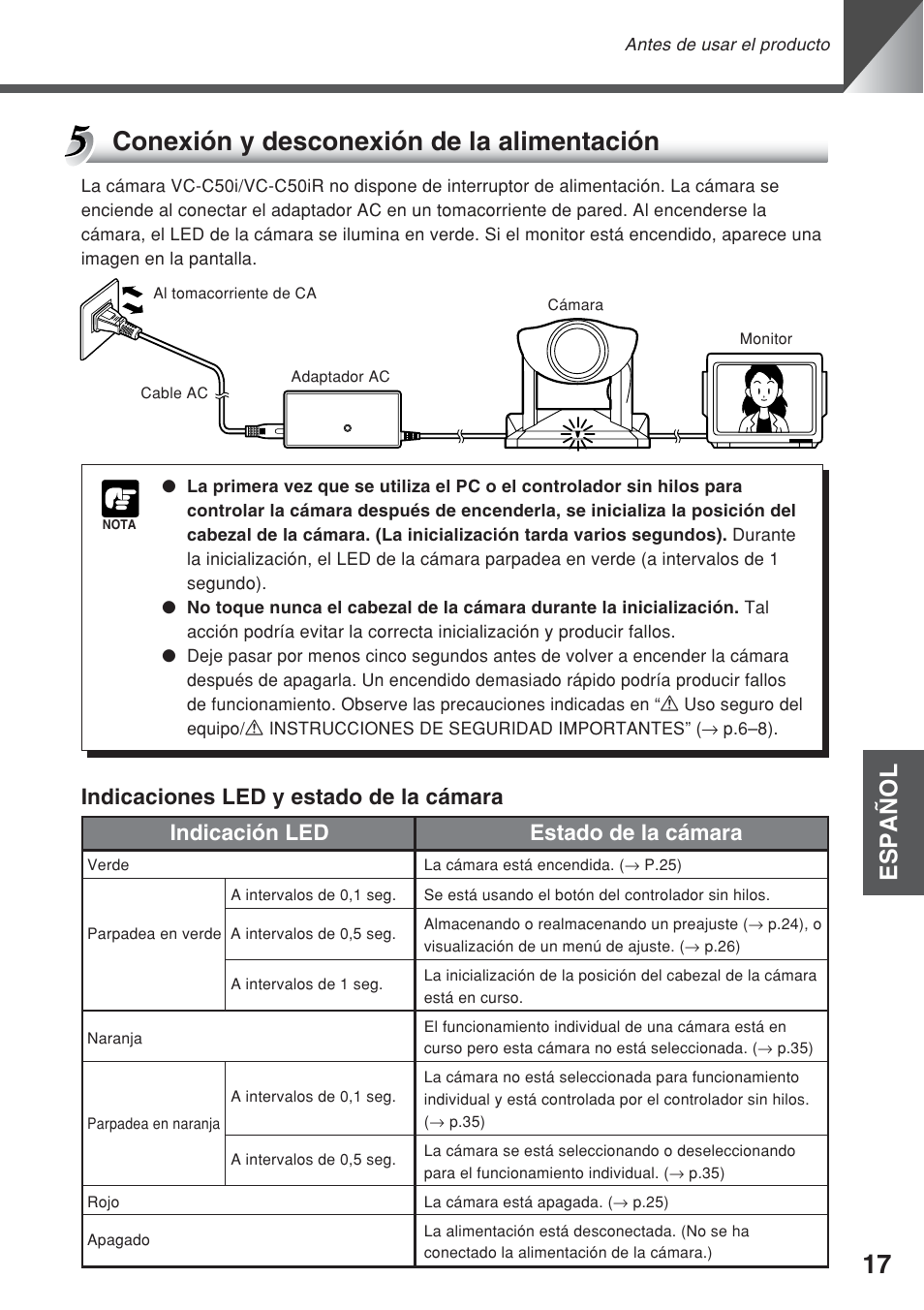 Conexión y desconexión de la alimentación, Español | Canon VC-C50iR User Manual | Page 139 / 246