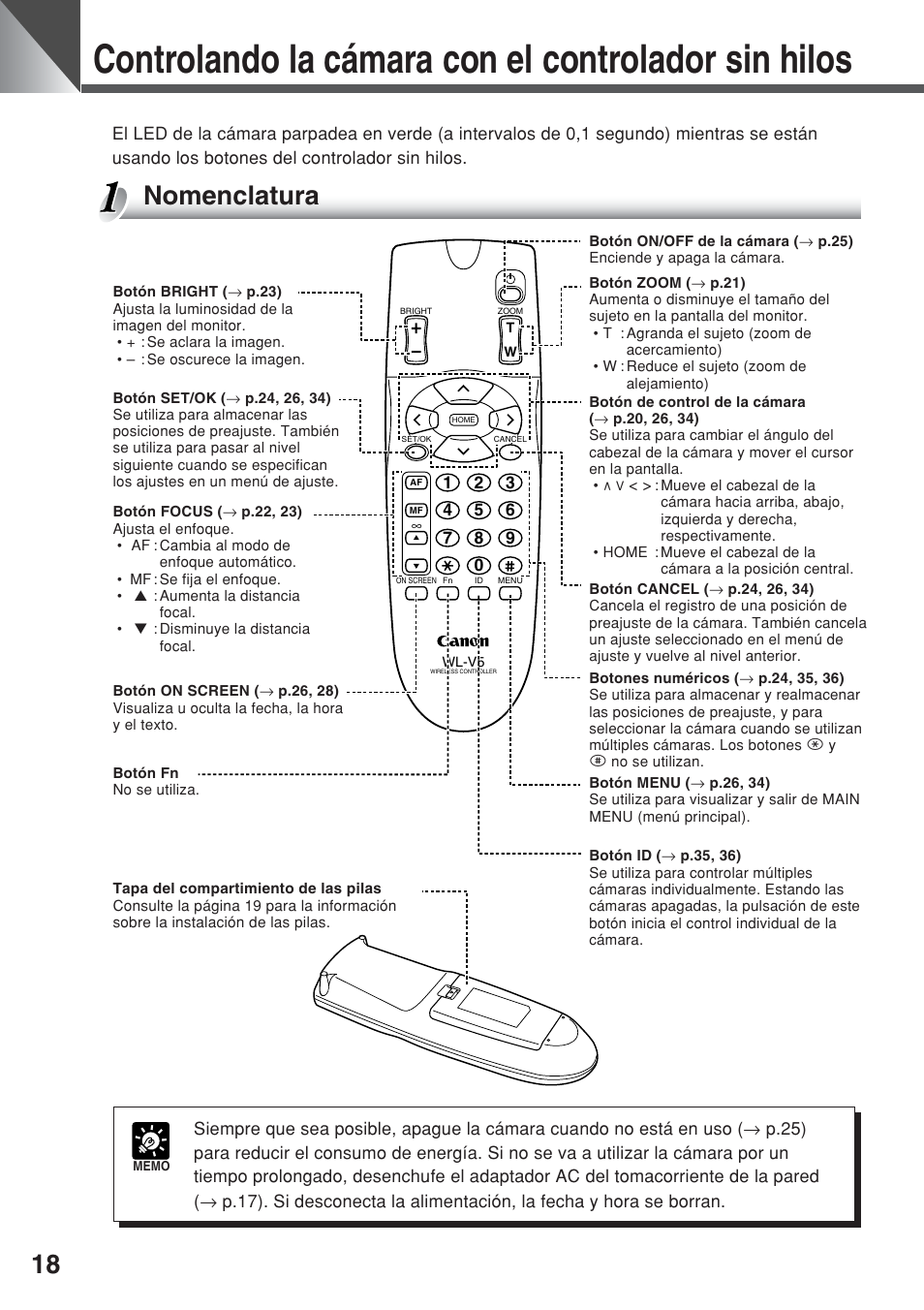 Controlando la cámara con el controlador sin hilos, Nomenclatura | Canon VC-C50iR User Manual | Page 140 / 246