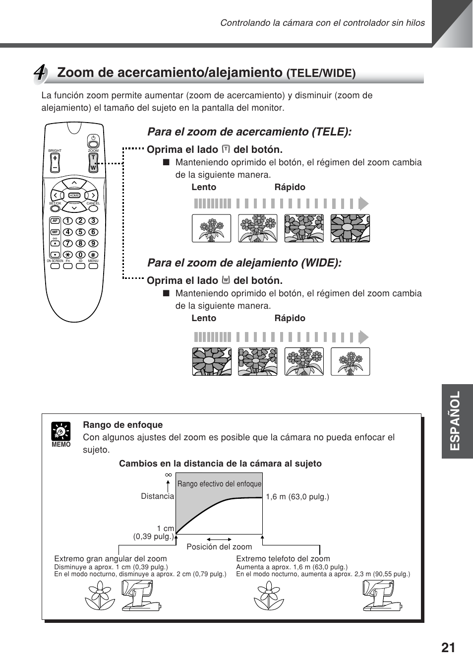 Zoom de acercamiento/alejamiento, Español, Para el zoom de acercamiento (tele) | Para el zoom de alejamiento (wide), Tele/wide), Oprima el lado t del botón, Oprima el lado w del botón | Canon VC-C50iR User Manual | Page 143 / 246