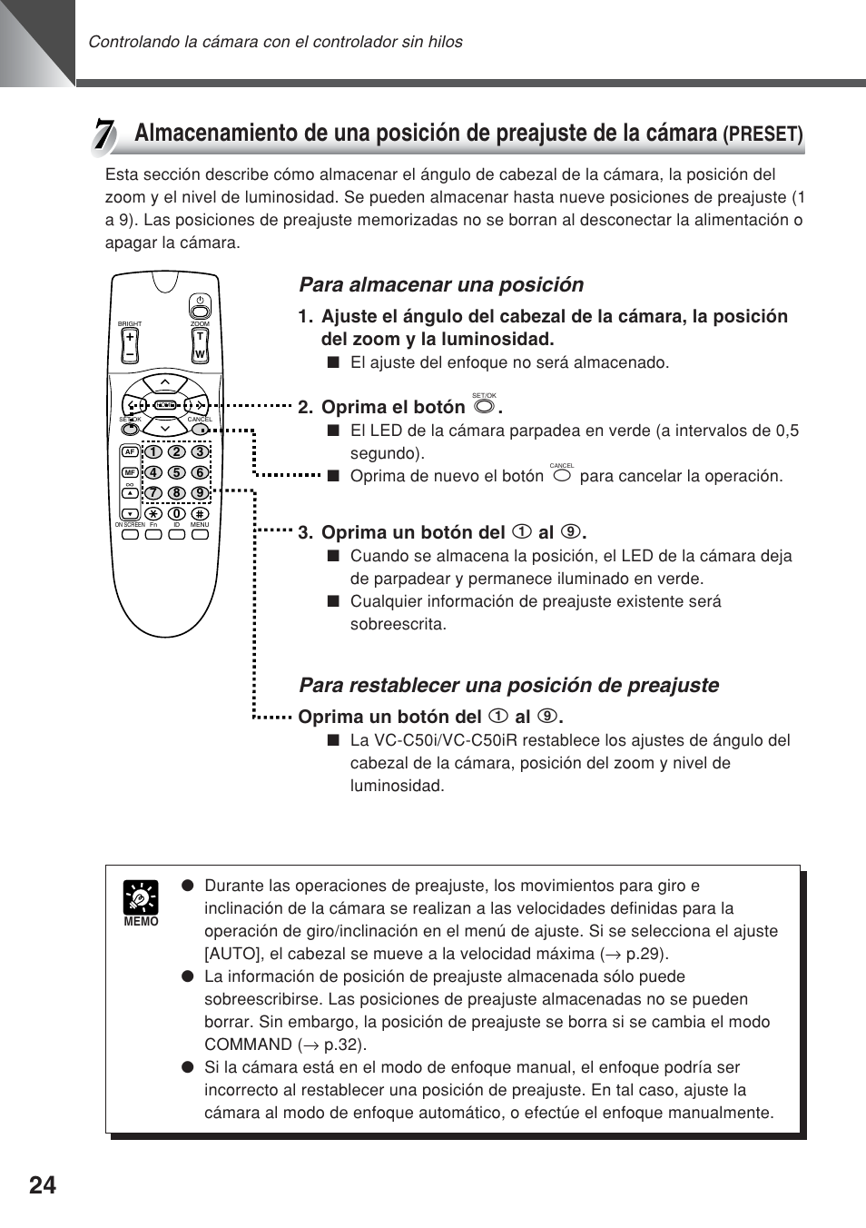 Para almacenar una posición, Para restablecer una posición de preajuste, Preset) | Oprima el botón s, Oprima un botón del 1 al 9 | Canon VC-C50iR User Manual | Page 146 / 246