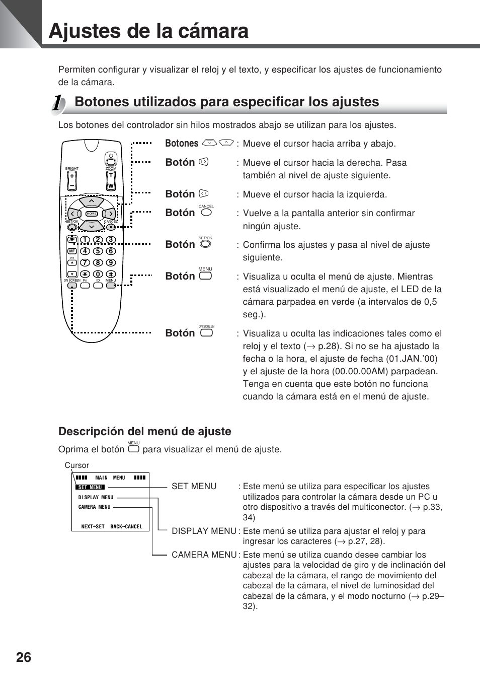 Ajustes de la cámara, Botones utilizados para especificar los ajustes, Descripción del menú de ajuste | Botones 58, Botón 6, Botón 4, Botón c, Botón s, Botón m, Botón o | Canon VC-C50iR User Manual | Page 148 / 246