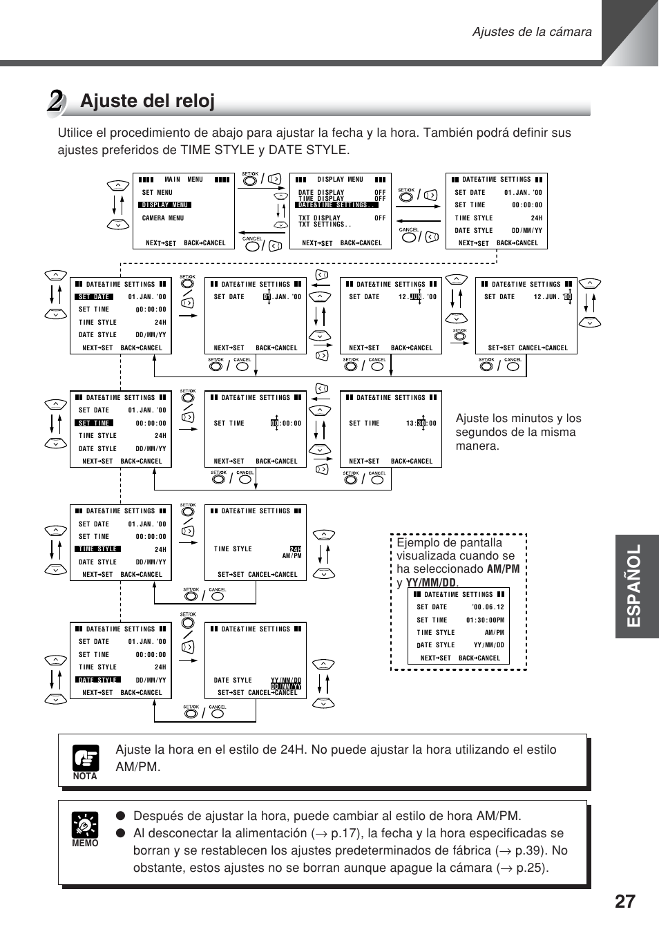 Ajuste del reloj, Español, Ajustes de la cámara | Am/pm, Yy/mm/dd | Canon VC-C50iR User Manual | Page 149 / 246