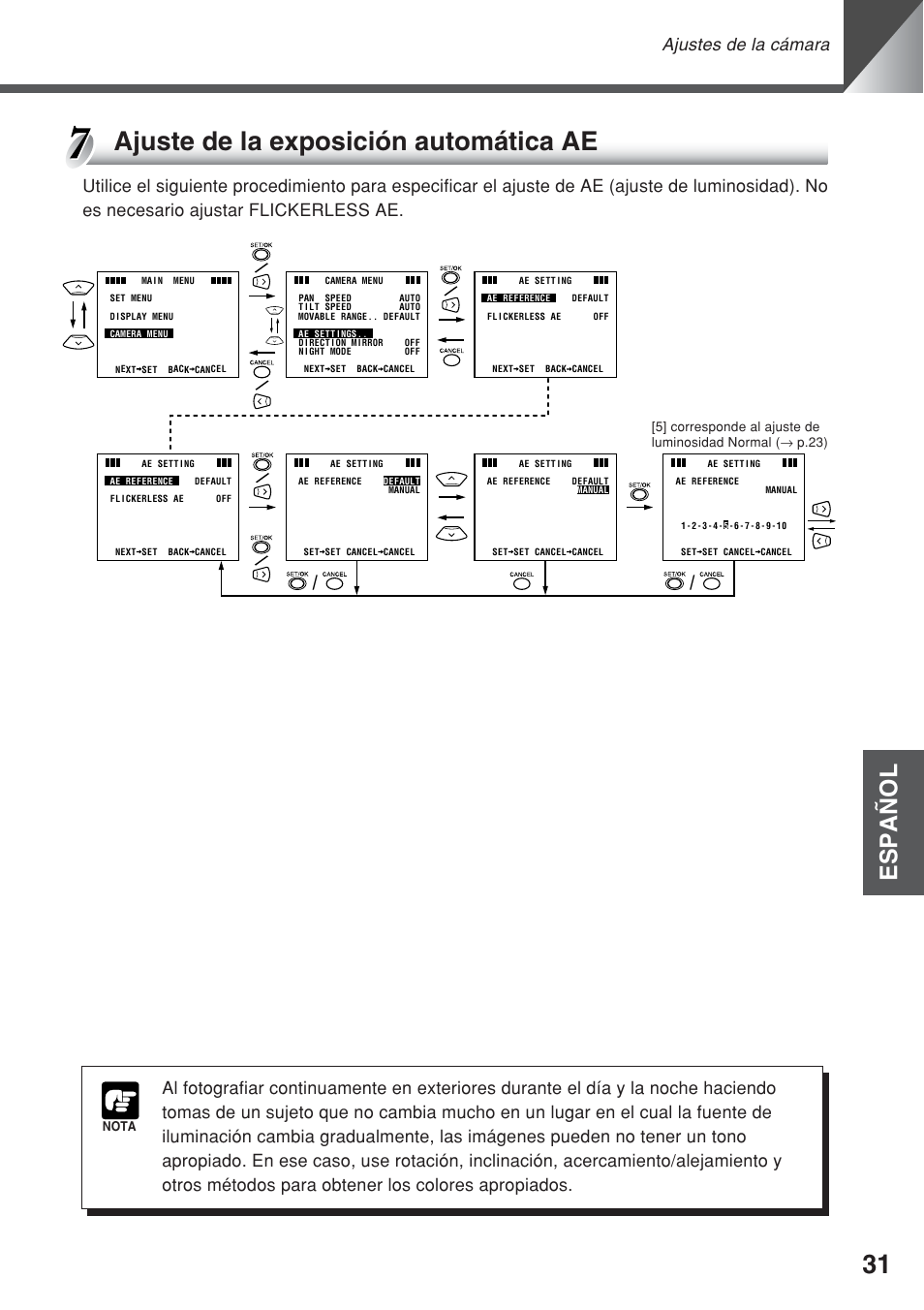 Ajuste de la exposición automática ae, Español, Ajustes de la cámara | Canon VC-C50iR User Manual | Page 153 / 246