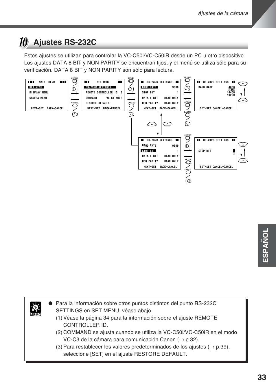 Ajustes rs-232c, Español, Ajustes de la cámara | Canon VC-C50iR User Manual | Page 155 / 246