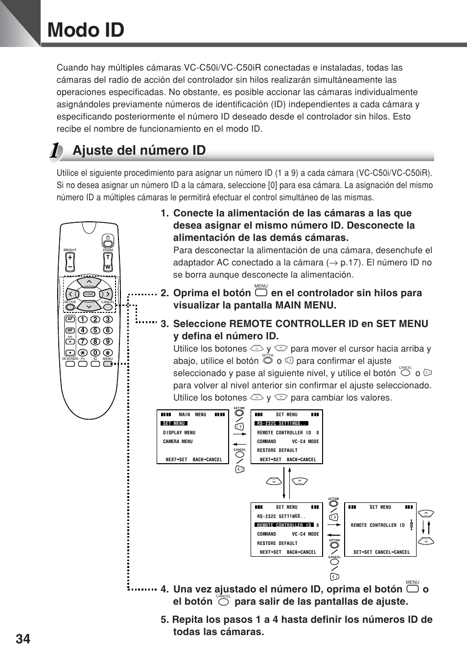 Modo id, Ajuste del número id | Canon VC-C50iR User Manual | Page 156 / 246