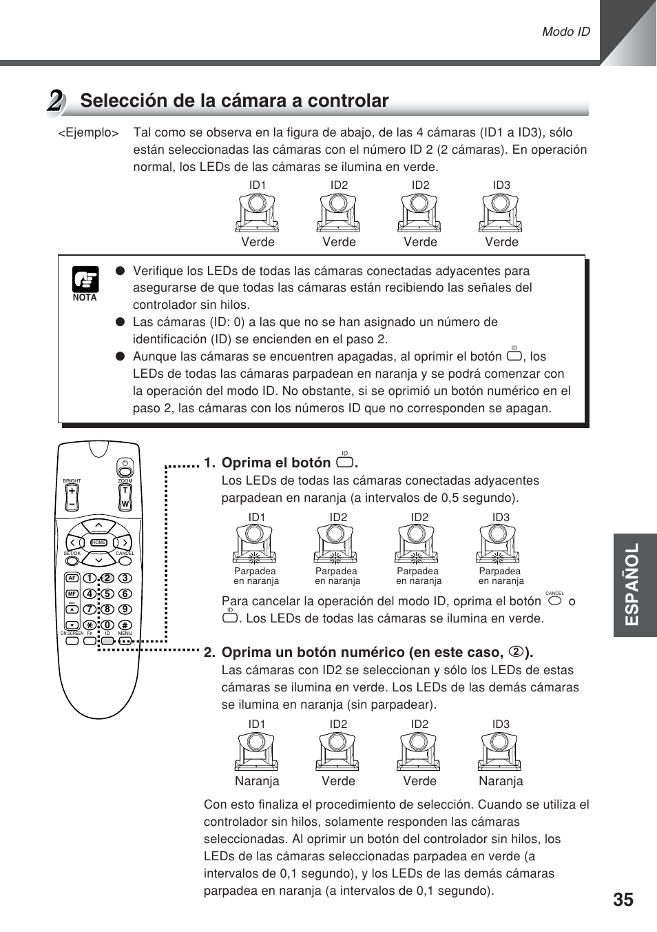 Selección de la cámara a controlar, Español, Oprima el botón i | Oprima un botón numérico (en este caso, 2 ) | Canon VC-C50iR User Manual | Page 157 / 246