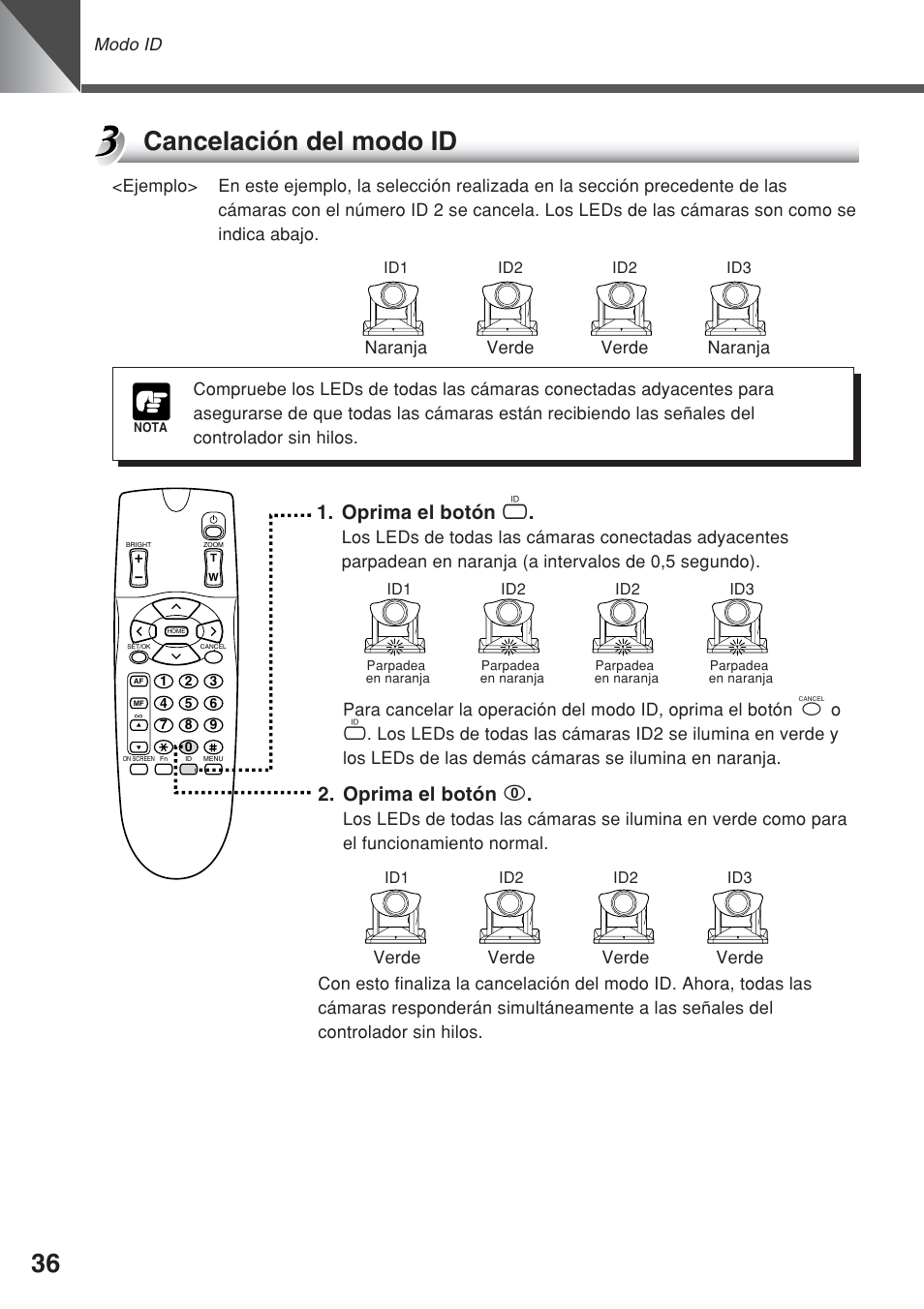 Cancelación del modo id, Oprima el botón i, Oprima el botón 0 | Modo id, Verde, Naranja | Canon VC-C50iR User Manual | Page 158 / 246