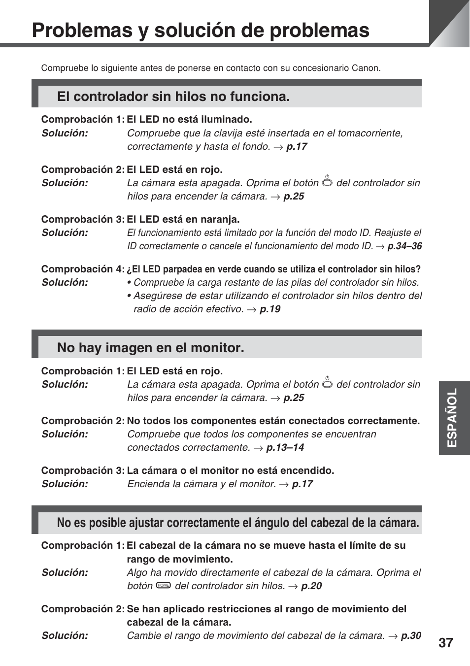 Problemas y solución de problemas, El controlador sin hilos no funciona, No hay imagen en el monitor | Canon VC-C50iR User Manual | Page 159 / 246