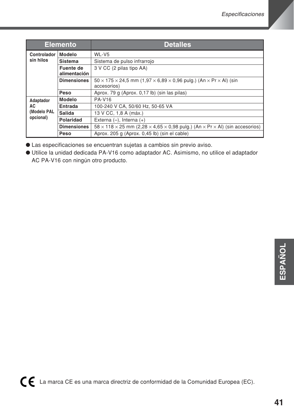 Español, Elemento detalles | Canon VC-C50iR User Manual | Page 163 / 246