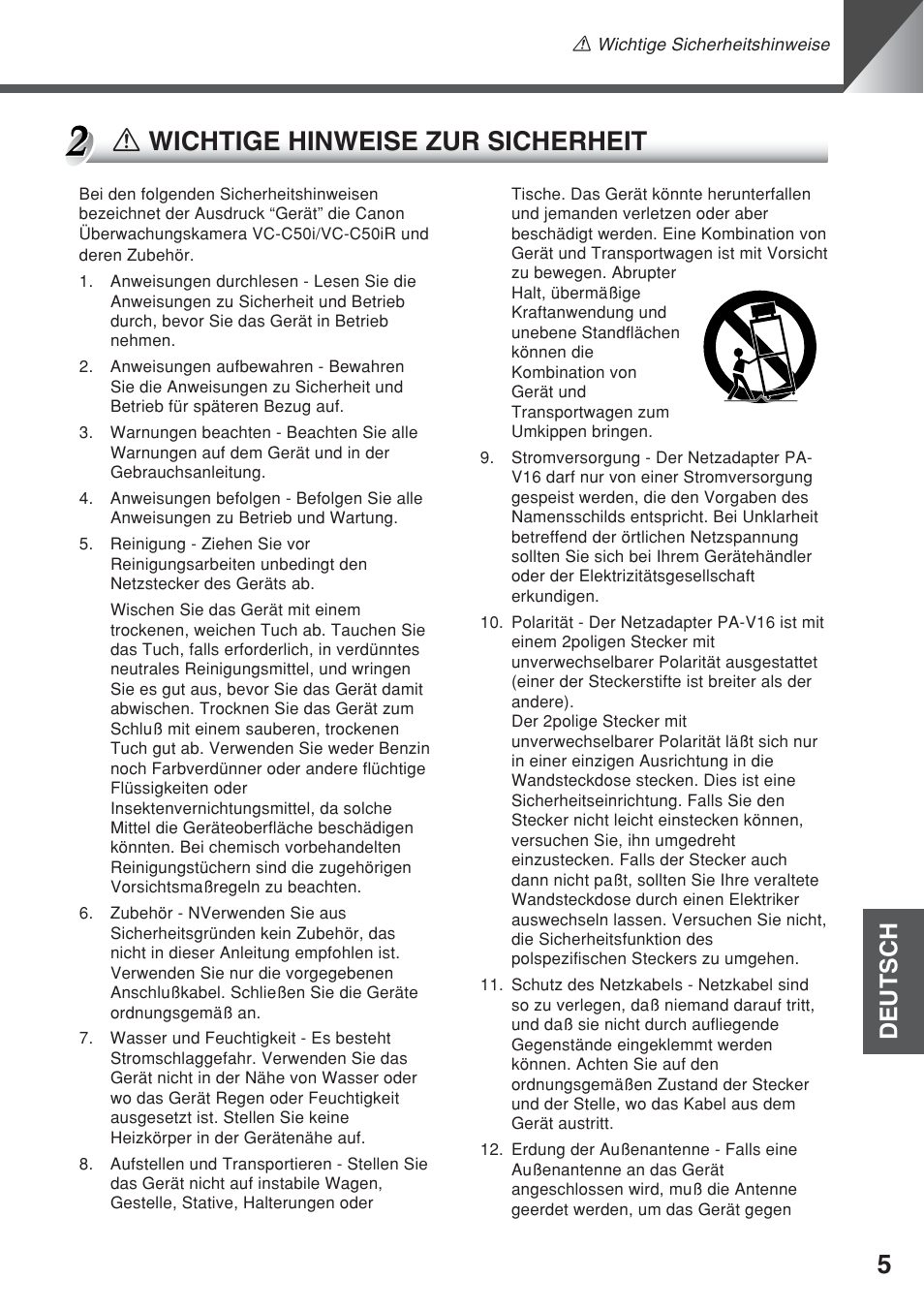 A wichtige hinweise zur sicherheit, Deutsch | Canon VC-C50iR User Manual | Page 169 / 246