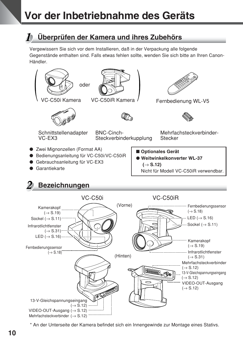 Vor der inbetriebnahme des geräts, Überprüfen der kamera und ihres zubehörs, Bezeichnungen | Vc-c50i vc-c50ir | Canon VC-C50iR User Manual | Page 174 / 246