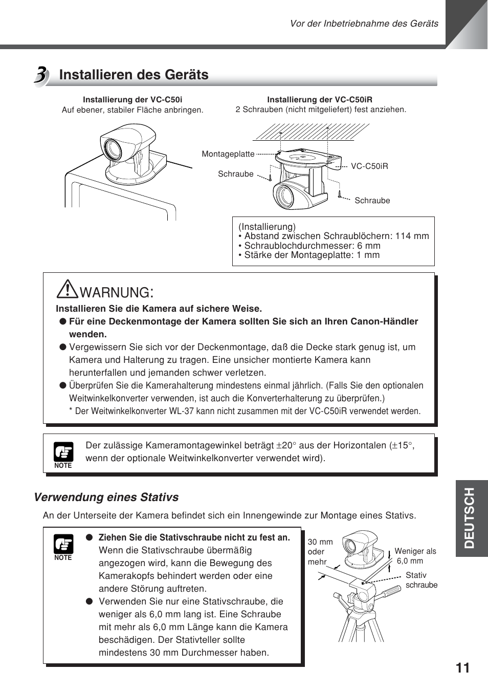 Installieren des geräts, Warnung, Deutsch | Verwendung eines stativs | Canon VC-C50iR User Manual | Page 175 / 246