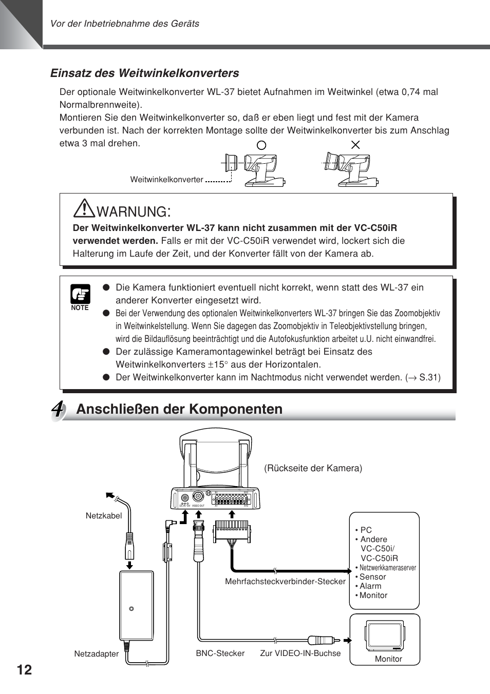 Anschließen der komponenten, Warnung, Einsatz des weitwinkelkonverters | Canon VC-C50iR User Manual | Page 176 / 246