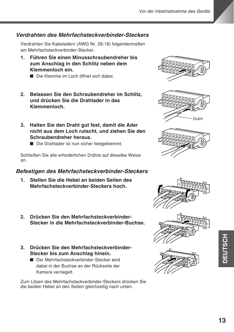 Deutsch, Befestigen des mehrfachsteckverbinder-steckers, Verdrahten des mehrfachsteckverbinder-steckers | Canon VC-C50iR User Manual | Page 177 / 246