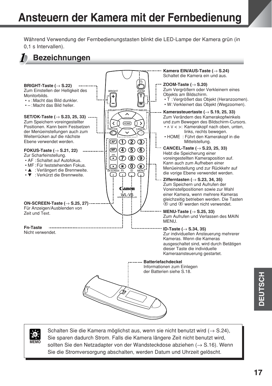 Ansteuern der kamera mit der fernbedienung, Bezeichnungen, Deutsch | Canon VC-C50iR User Manual | Page 181 / 246