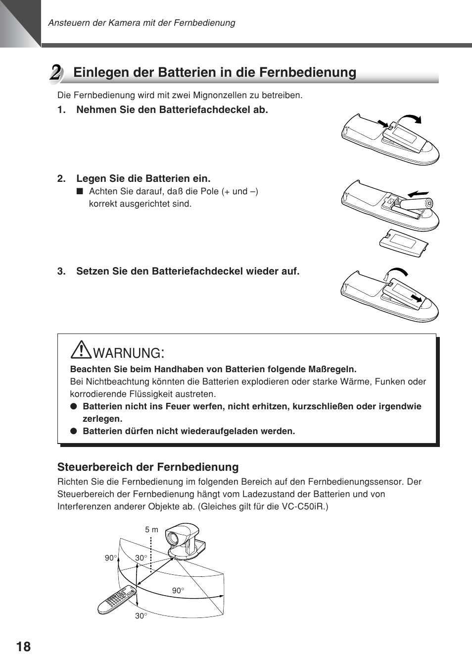 Warnung, Einlegen der batterien in die fernbedienung | Canon VC-C50iR User Manual | Page 182 / 246