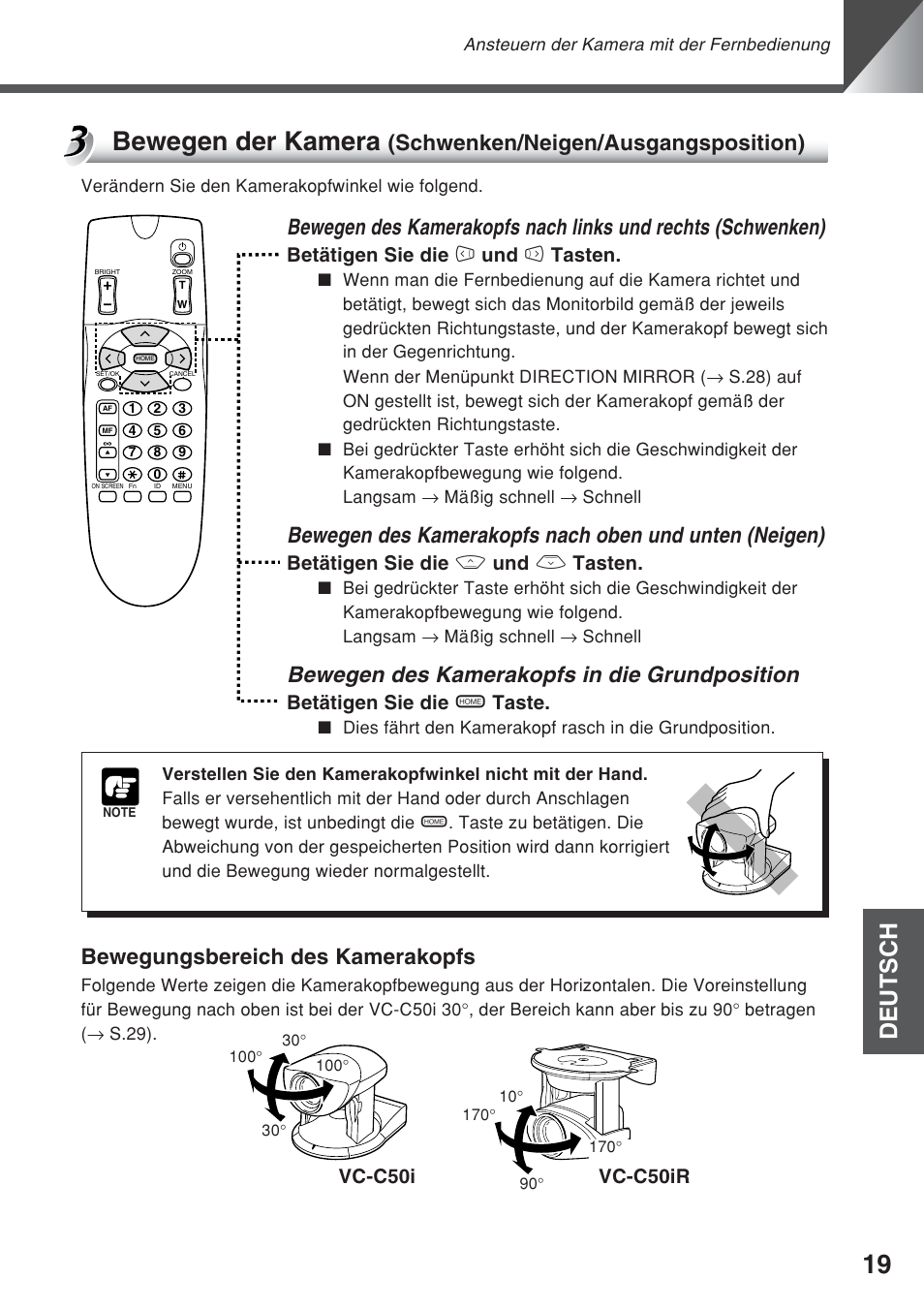 Bewegen der kamera, Deutsch, Bewegen des kamerakopfs in die grundposition | Schwenken/neigen/ausgangsposition), Bewegungsbereich des kamerakopfs, Vc-c50i vc-c50ir, Betätigen sie die 4 und 6 tasten, Betätigen sie die 8 und 5 tasten, Betätigen sie die h taste | Canon VC-C50iR User Manual | Page 183 / 246