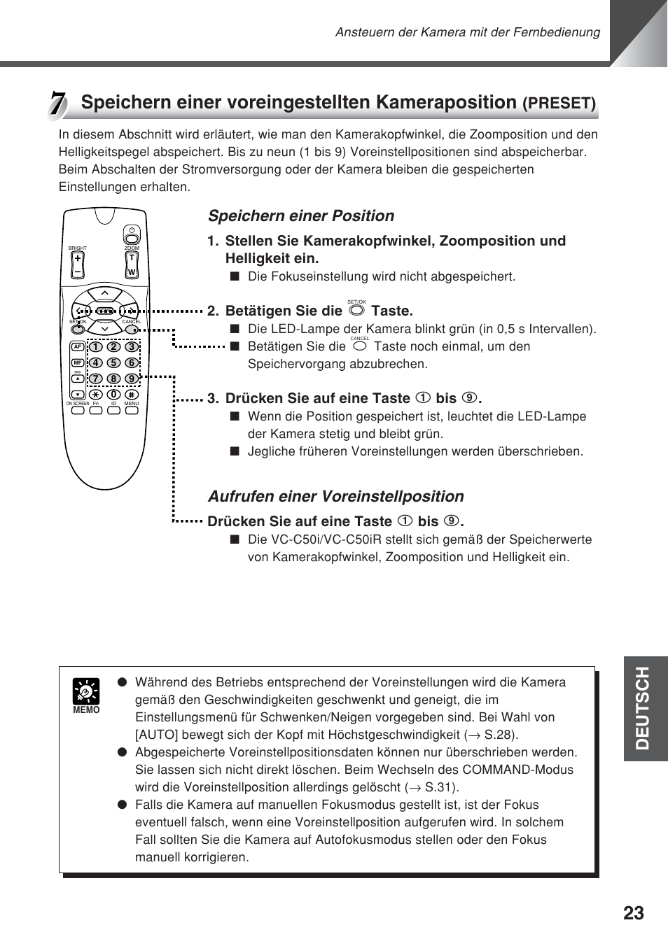 Speichern einer voreingestellten kameraposition, Deutsch, Speichern einer position | Aufrufen einer voreinstellposition, Preset), Betätigen sie die s taste, Drücken sie auf eine taste 1 bis 9 | Canon VC-C50iR User Manual | Page 187 / 246