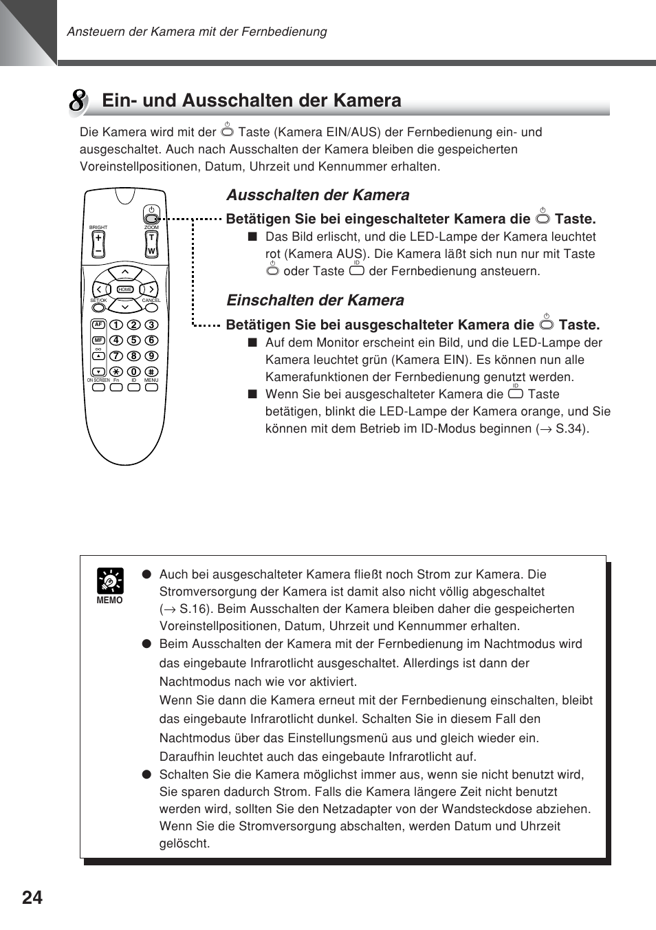 Ein- und ausschalten der kamera, Ausschalten der kamera, Einschalten der kamera | Canon VC-C50iR User Manual | Page 188 / 246