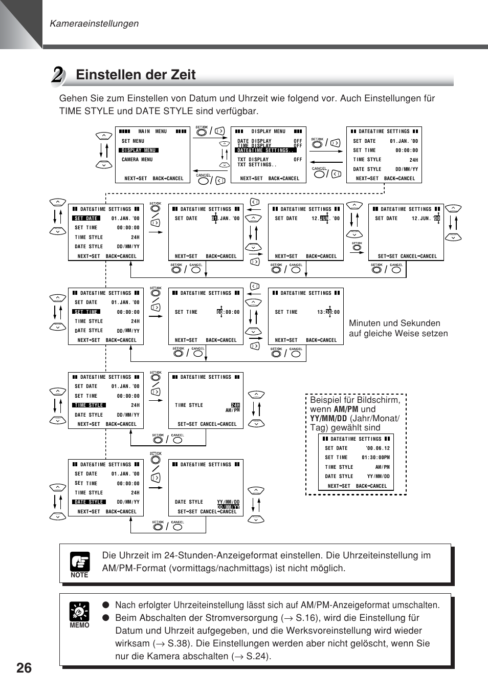 Einstellen der zeit, Kameraeinstellungen, Jahr/monat/ tag) gewählt sind | Am/pm, Yy/mm/dd | Canon VC-C50iR User Manual | Page 190 / 246