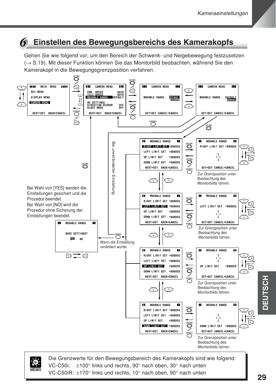 Einstellen des bewegungsbereichs des kamerakopfs, Deutsch, Kameraeinstellungen | Canon VC-C50iR User Manual | Page 193 / 246