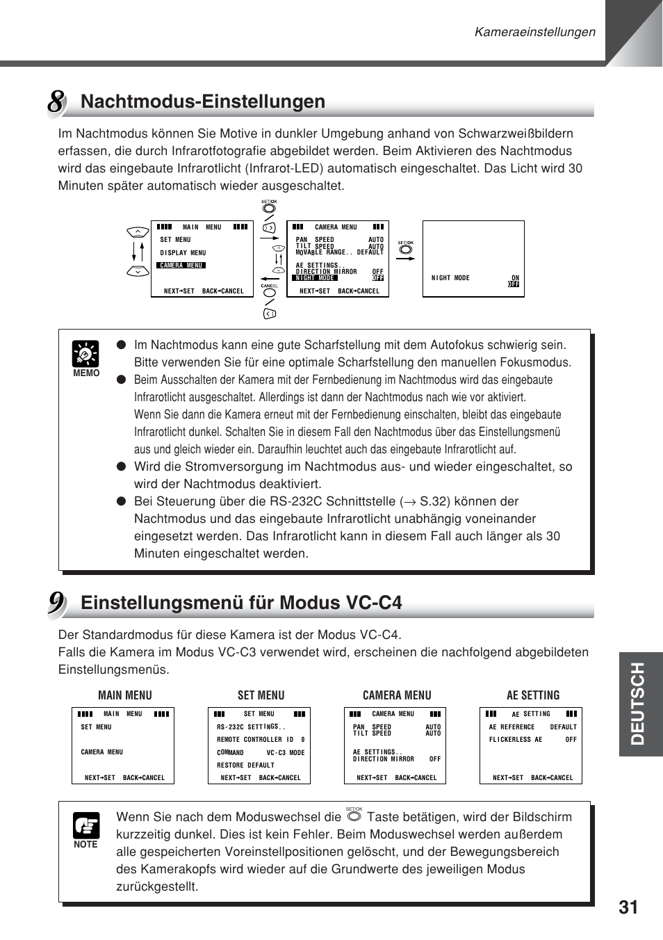 Nachtmodus-einstellungen, Einstellungsmenü für modus vc-c4, Deutsch | Kameraeinstellungen, Main menu set menu camera menu ae setting | Canon VC-C50iR User Manual | Page 195 / 246