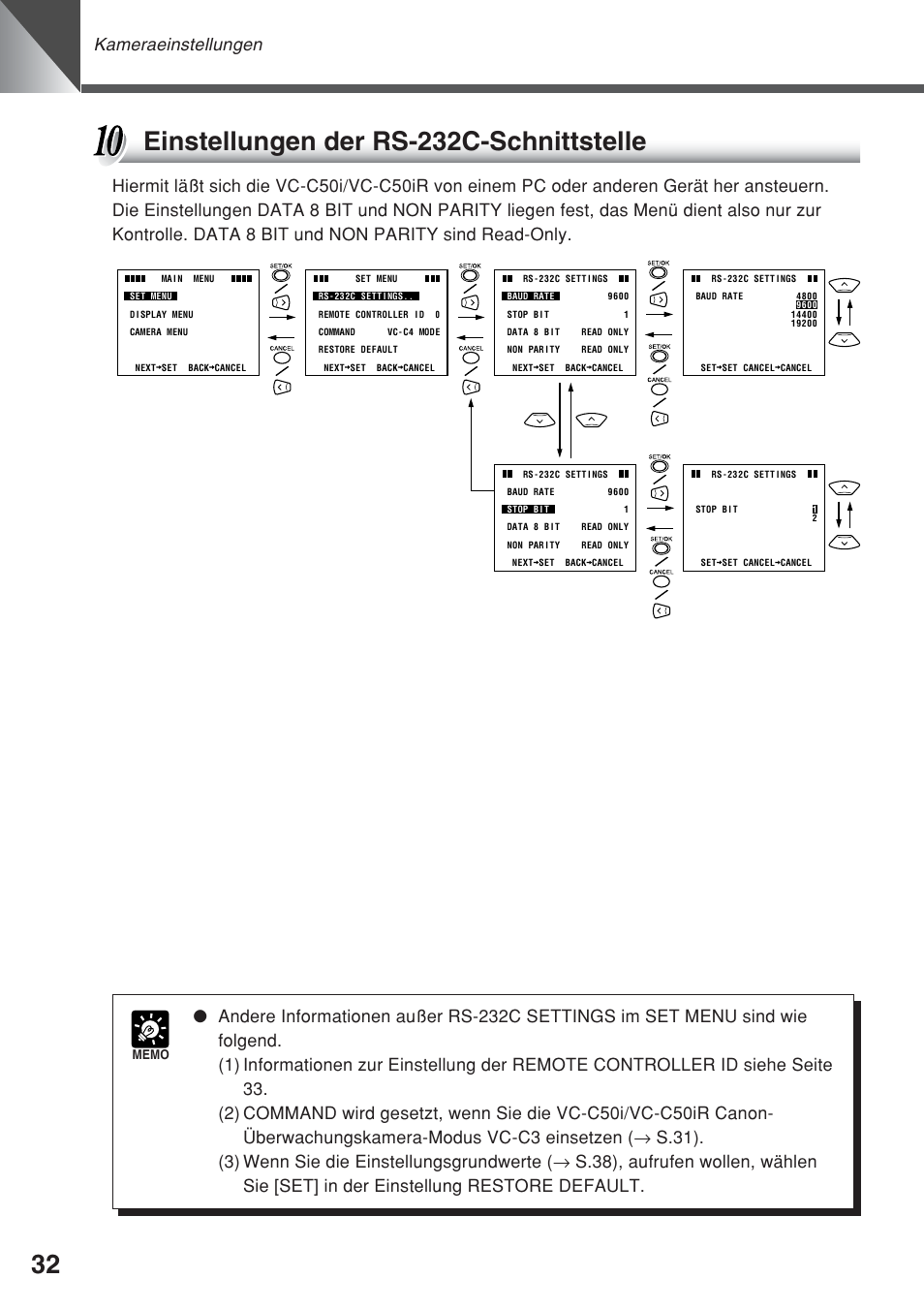 Einstellungen der rs-232c-schnittstelle, Kameraeinstellungen | Canon VC-C50iR User Manual | Page 196 / 246