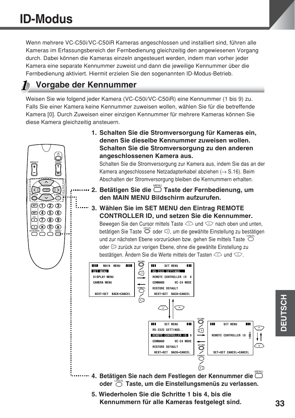 Id-modus, Vorgabe der kennummer, Deutsch | Canon VC-C50iR User Manual | Page 197 / 246