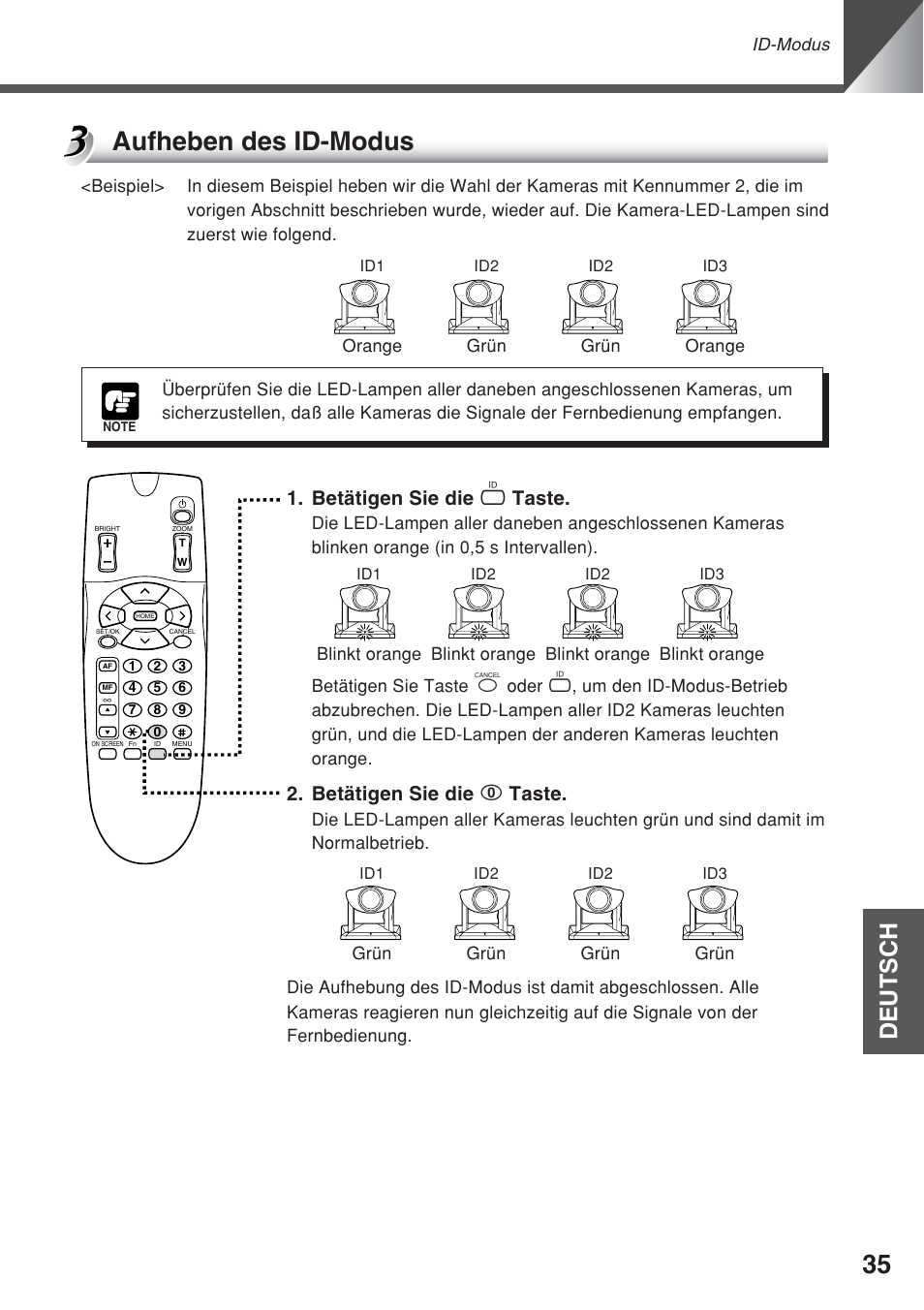 Aufheben des id-modus, Deutsch, Betätigen sie die i taste | Betätigen sie die 0 taste | Canon VC-C50iR User Manual | Page 199 / 246