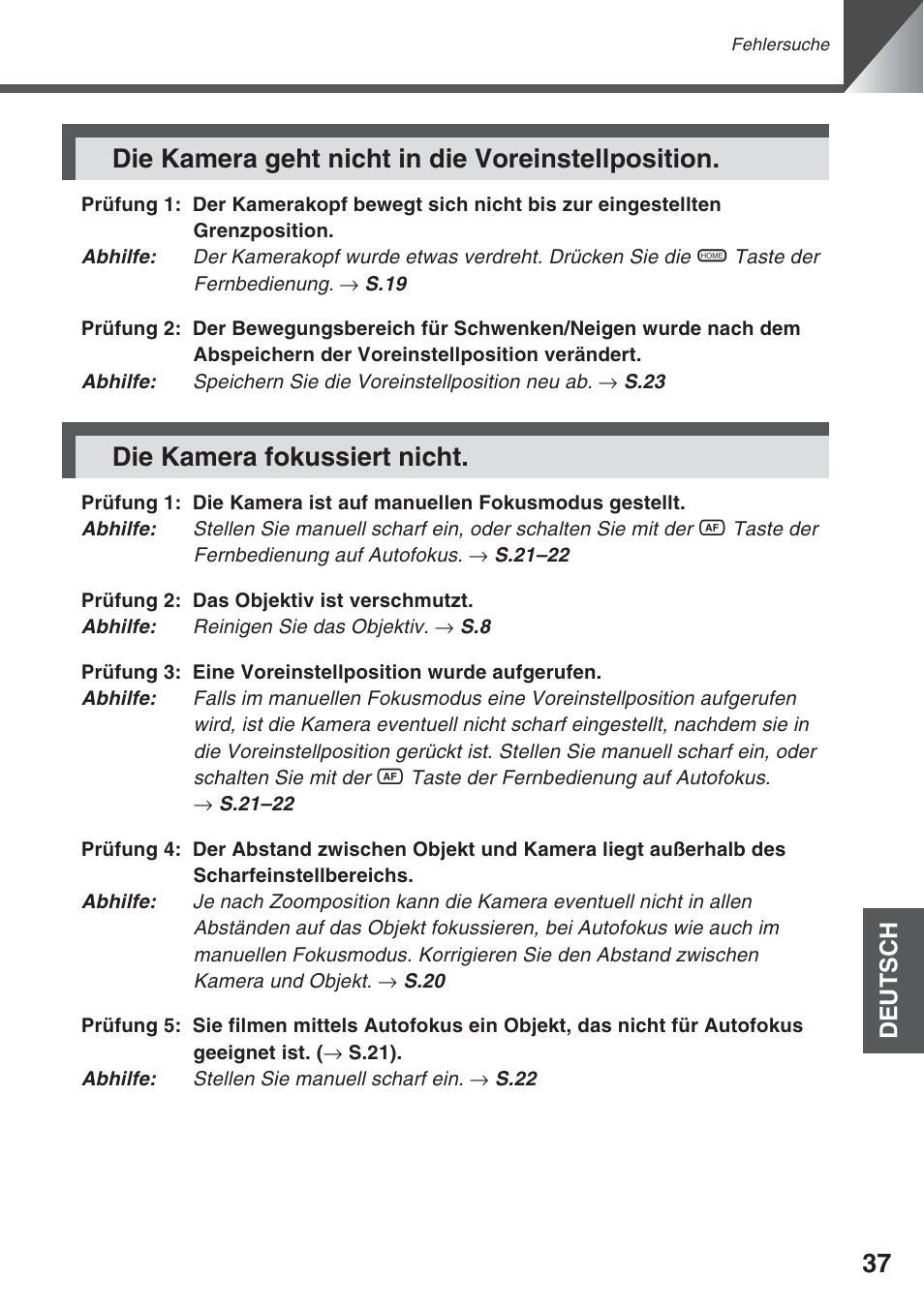 Die kamera geht nicht in die voreinstellposition, Die kamera fokussiert nicht, Deutsch | Canon VC-C50iR User Manual | Page 201 / 246